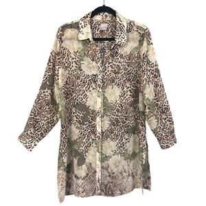 Chico's Sheer Tunic Top Poised Blooms Button Up Animal Print Floral Neutral SZ 2